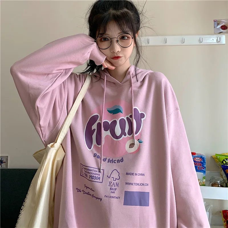 

Spring Hoodies Women BF Printing Sweet Students Preppy Oversize Simple Leisure Hooded Tops Sweatshirts Female Chic Harajuku Cozy