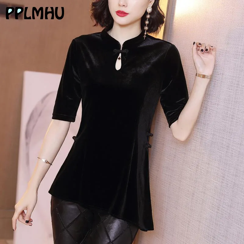 Китайский стиль Cheongsam туника рубашка Ретро Женская Плюс Размер тонкая бархатная