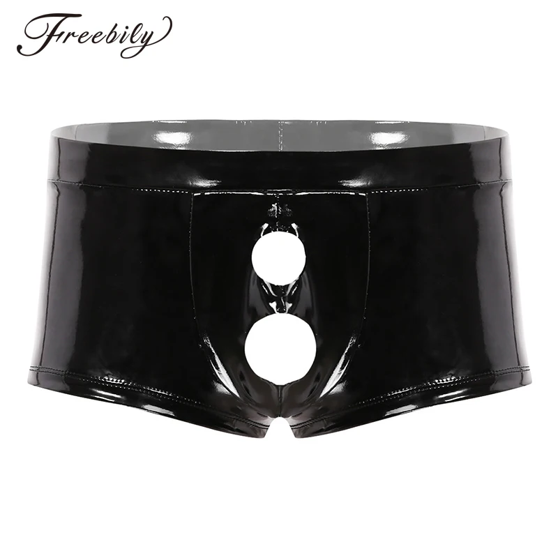 

Mens Wet Look Patent Leather Sexy Lingerie Low Rise Bulge Pouch with Open Pennis Holes Boxer Briefs Shorts Homme Male Underwear