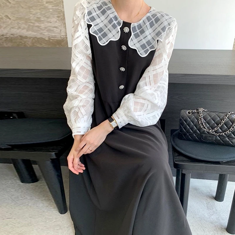 

Женское платье Sannian на весну и осень, Сетчатое однобортное платье с длинным рукавом и кукольным воротником и прострочкой из газовой ткани, ж...