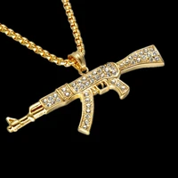 60cm fashion creative gun shape pendant punk hip hop women men gift crystal rhinestone long gold chain necklace