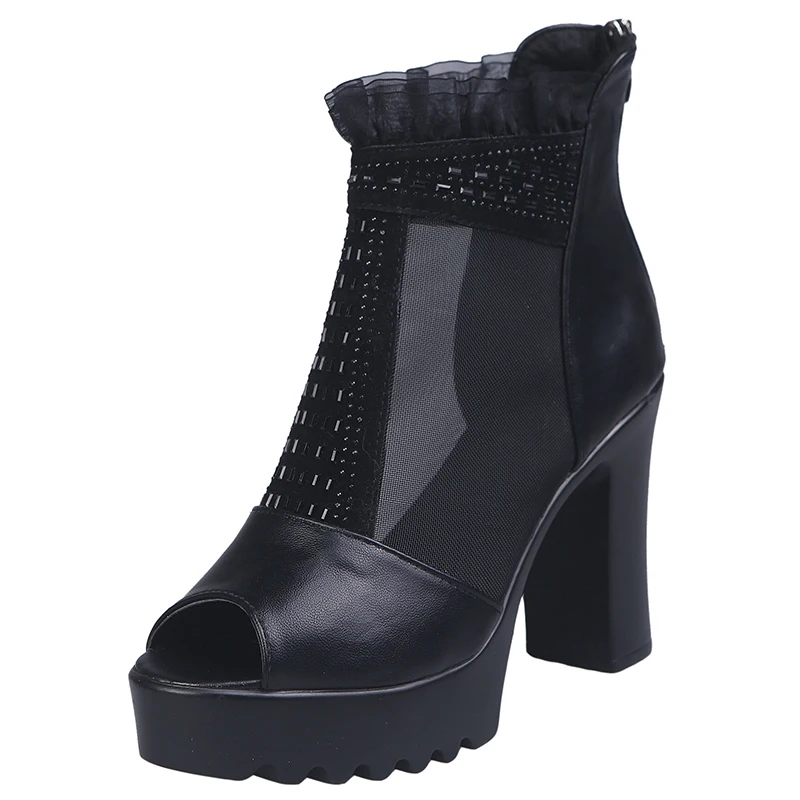 Летние женские босоножки на высоком квадратном каблуке с сеткой платформе