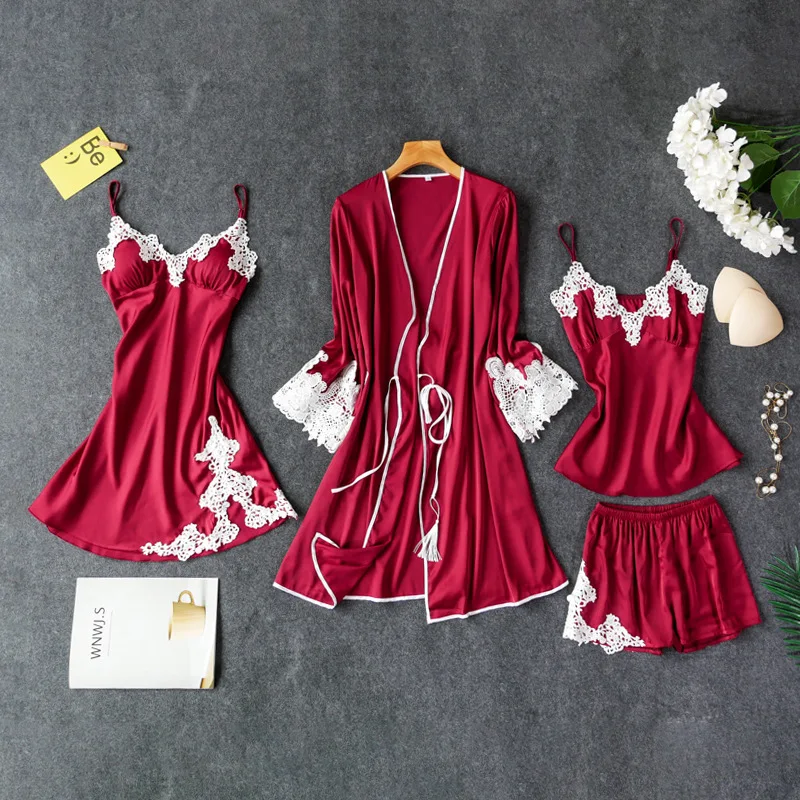 Сексуальные женские пижамы из четырех частей топ на бретелях штаны комплекты