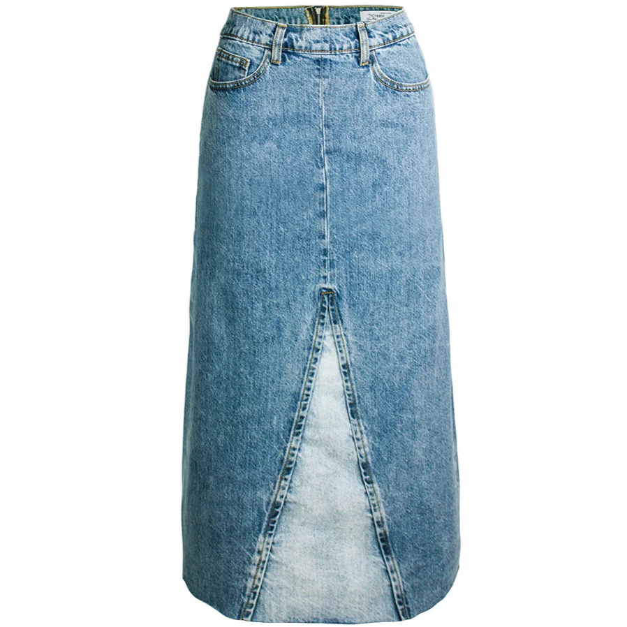 

2021 Summer casual sittching denim skirt women high waist cotton split mid a-line skirt