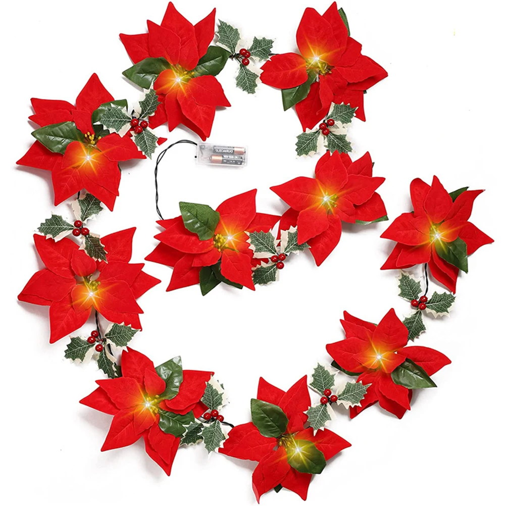 

2 M 10 LED Poinsettia String Light Christmas Flowers Decoration Garland Xmas Tree Artificial Ornaments For Festive Party Decor