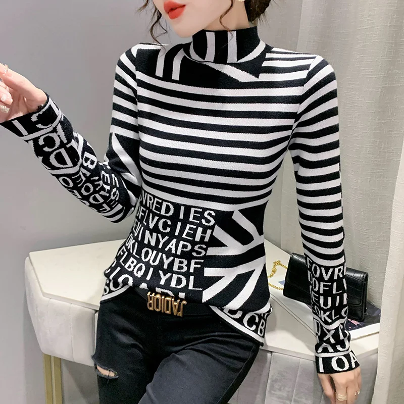 

Женский трикотажный свитер в полоску, с длинным рукавом и высоким воротником