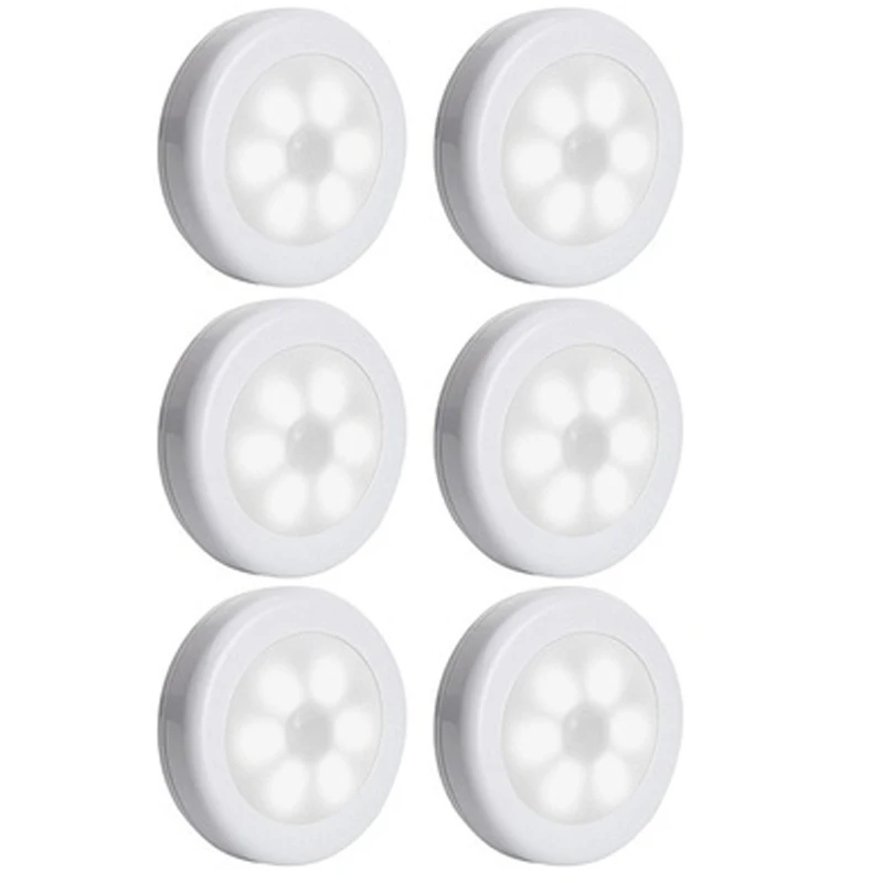 

6 Pack Portable 6 LED Wireless Motion Sensor Night Light Round Shape Induction Light White Light