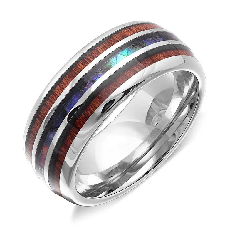 

Fashion 8mm Men's Silvery Stainless Steel Ring Hawaiian Koa Wood And Abalone Shell Opal Inlay Men's Ring Wedding Band Jewelry