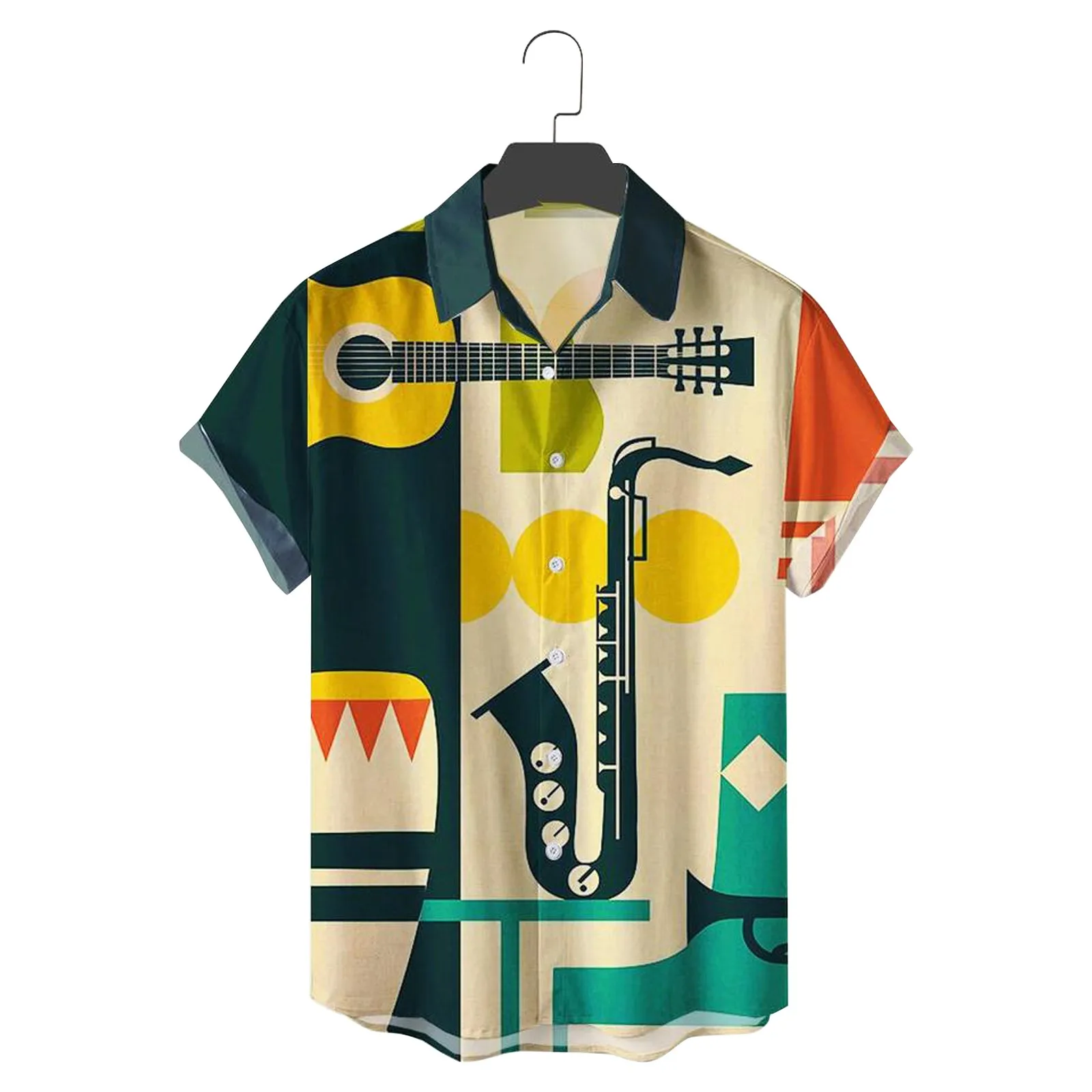 

2021 мужские рубашки, мужские Гавайские повседневные рубашки на одной пуговице, мужские пляжные блузки с коротким рукавом и принтом в музыкал...