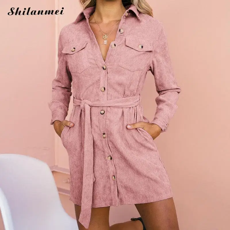 Женское вельветовое платье рубашка повседневное плотное винтажное трапеция с