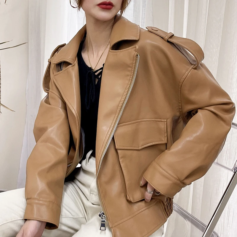 

ZCWXM Autumn Winter New Women Loose Soft Faux Leather Jacket With Belt Moto Bike Coat Streetwear Female Brown Pu Leather Jackets