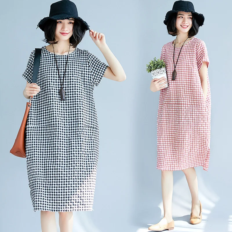 

New literary loose short sleeve mid-length plaid dress