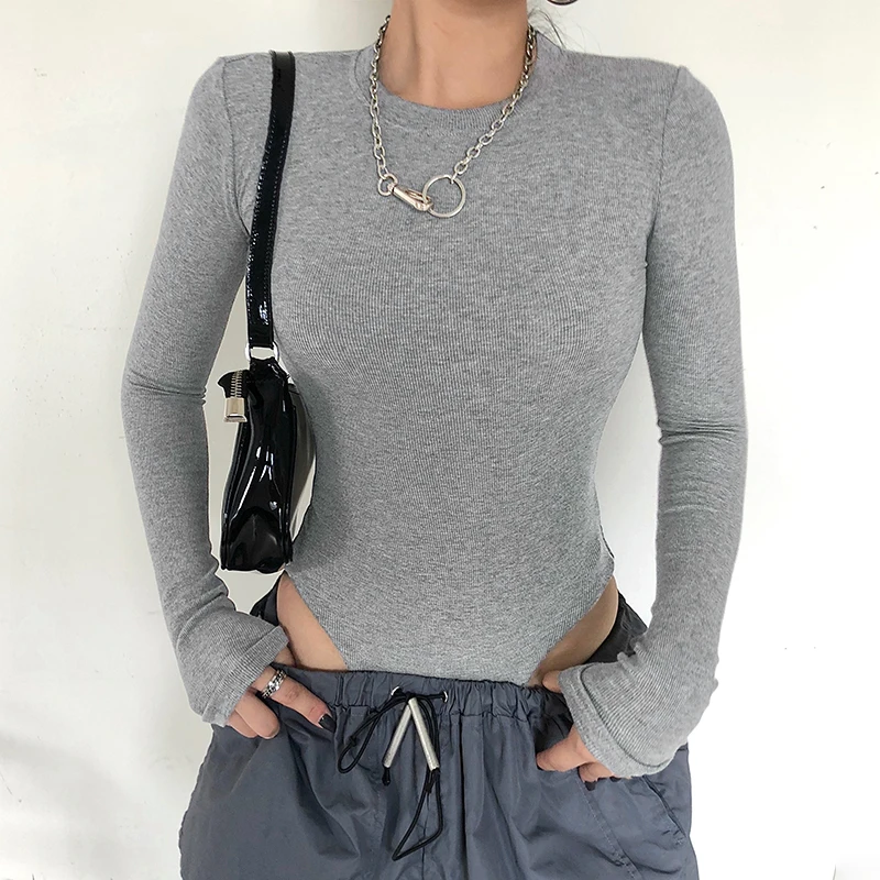 

Long sleeve Bodysuit Women round neck all-match solid color t-shirt one-piece slim thin ribbed Casual bottoming body sexy top