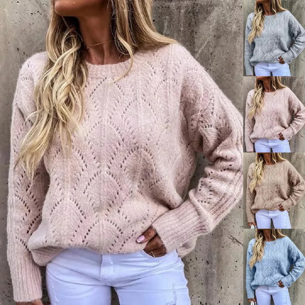 

NIBESSER 2021 Autumn Sweater Women Sexy Long Sleeve O-neck Hollow Out Loose Pullover Ladies Solid Oversized Tops Solid Color