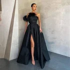 Элегантное Черное атласное вечернее платье 2022, длинные платья для выпускного вечера с карманами, перьями, высоким Боковым Разрезом, Формальное коктейльное платье для вечеринки