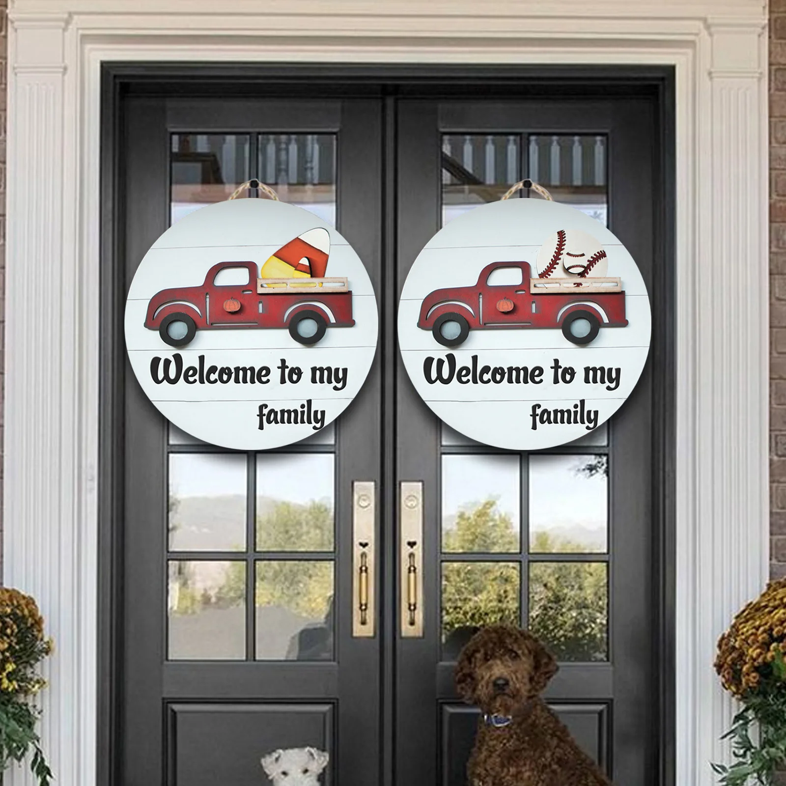 

Wooden Welcome Sign for Front Door Cartoon Decorative Round Hanging Decoration for Home Welcome to My Family 11.8inch B1