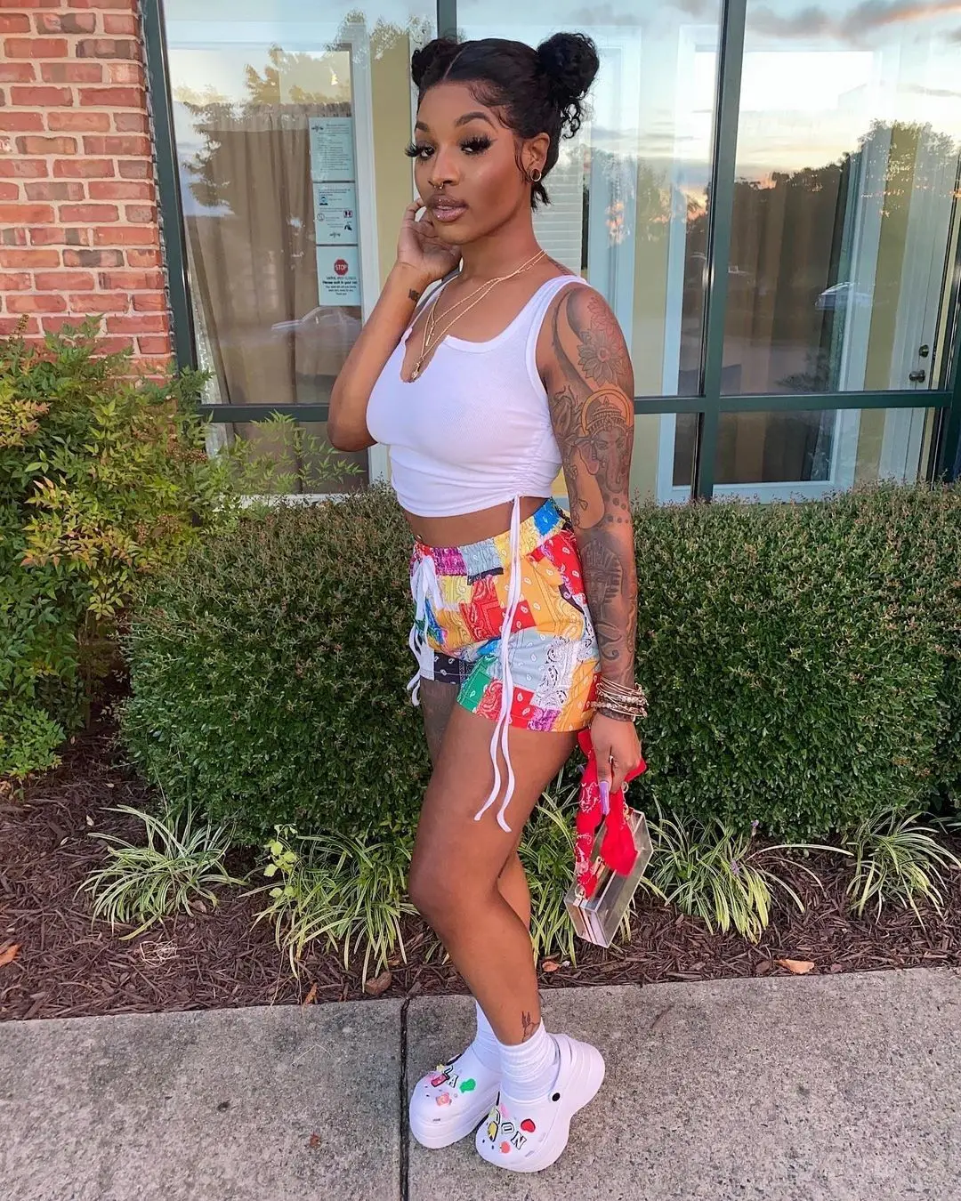 

Shorts Suit Women's Two-Piece Set Vest Tank Tops Sports Bottom Placket Drawstring Strap Patchwork Printing Bandage Summer