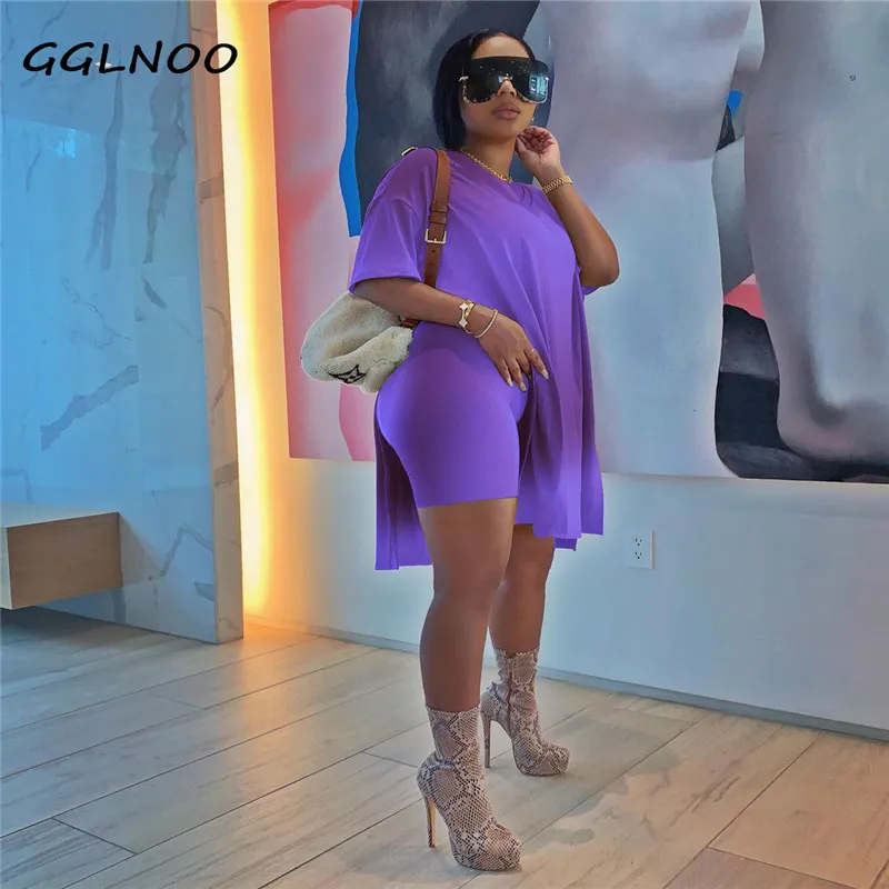

GGLNOO Women Casual Two Piecesuits Batwing Sleeve Shirt Top & Solid Skinny Short Set GG22841