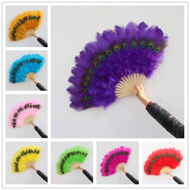 

Wholesale 15 Bones High Quality Ostrich Feather Fan Carnival Dance Party Show Decorative Craft Peacock Feathers Fan Plume
