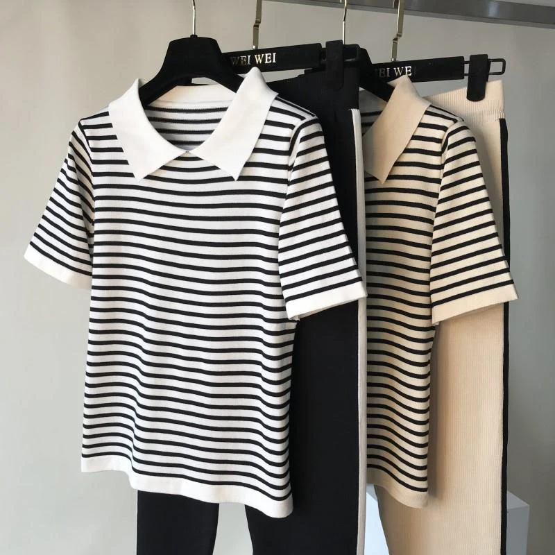 

Fashion stripe patchwork knitted two peice set women turn-down collar short sleeve sweater tops+harem pants casual tracksuit