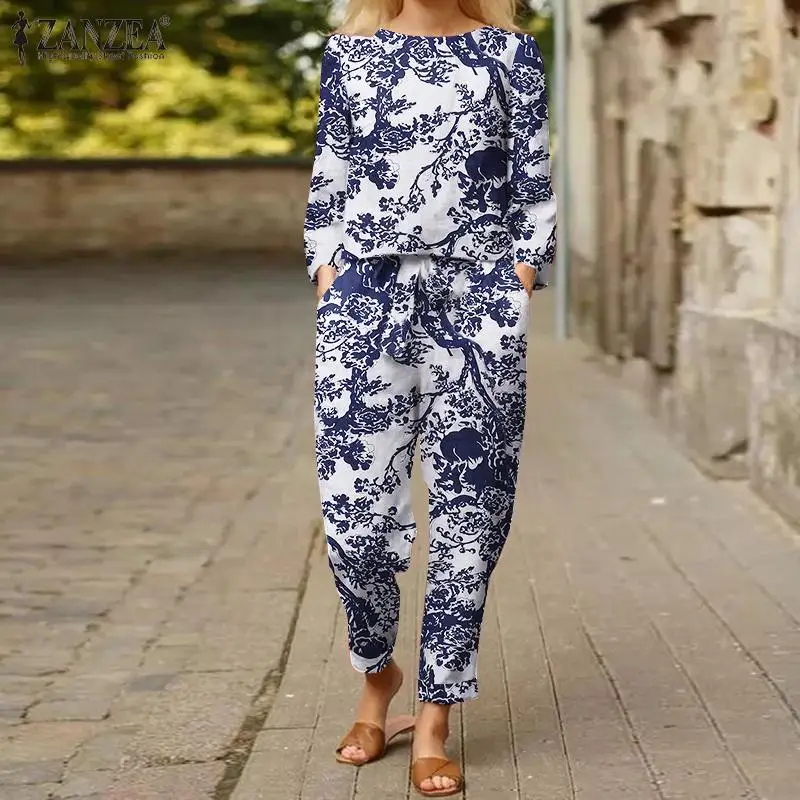 

2PCS kaftan Women Printed Sets ZANZEA 2021 Casual Long Sleeve Blouses and Elastic Waist Pants Female Loose Suits 2PCS Oversized