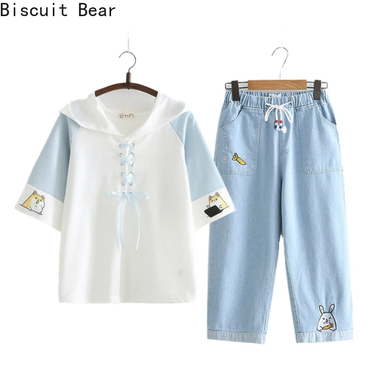 

Summer 2 Piece Set Women Tops And Pants Lace Up Hooded T Shirt Elastic Waist Embroidery Ankle Length Denim Pants Jeans Girls Set