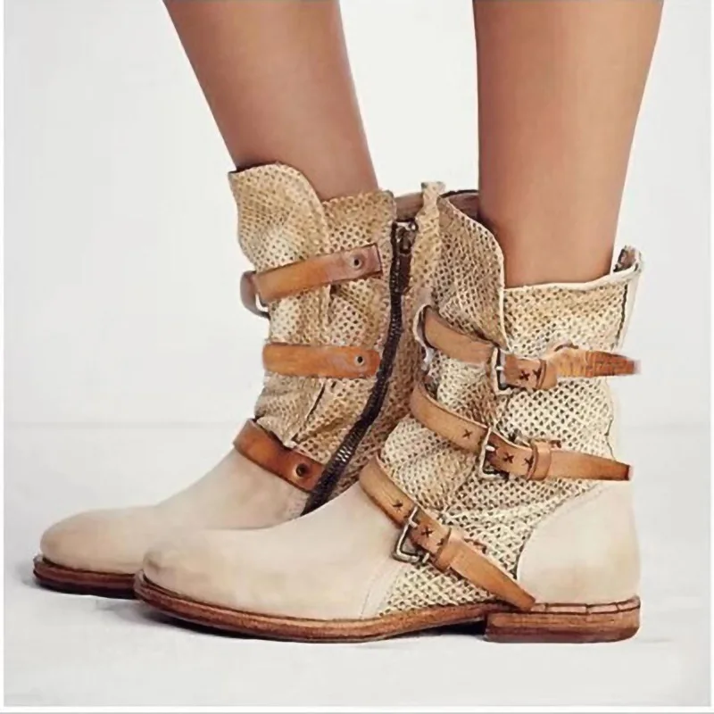 

Women Retro Boots Chunky Low Heels Round Toe Shoes Woman Chaussure Zapatos Mujer Gladiator Vintage PU Leather Booties