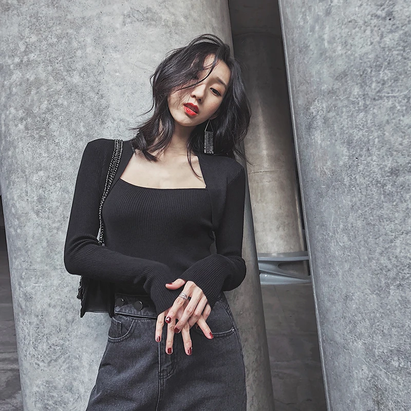 Nude Black Solid Casual Basic Top Square Neck Ribbed Knit Long Sleeve Tee Autumn Party Modern Lady Women Tshirt And B-104 | Женская