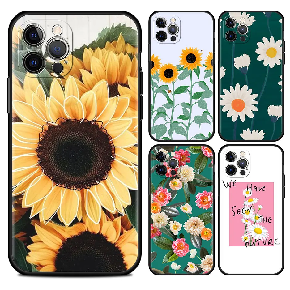 

Daisy Floral Flower Cell Phone Case For iPhone 11 13 7 8 Plus XR 12 Pro Max X 6 6s XS 12 Mini 5 SE Cover Black Soft Coque