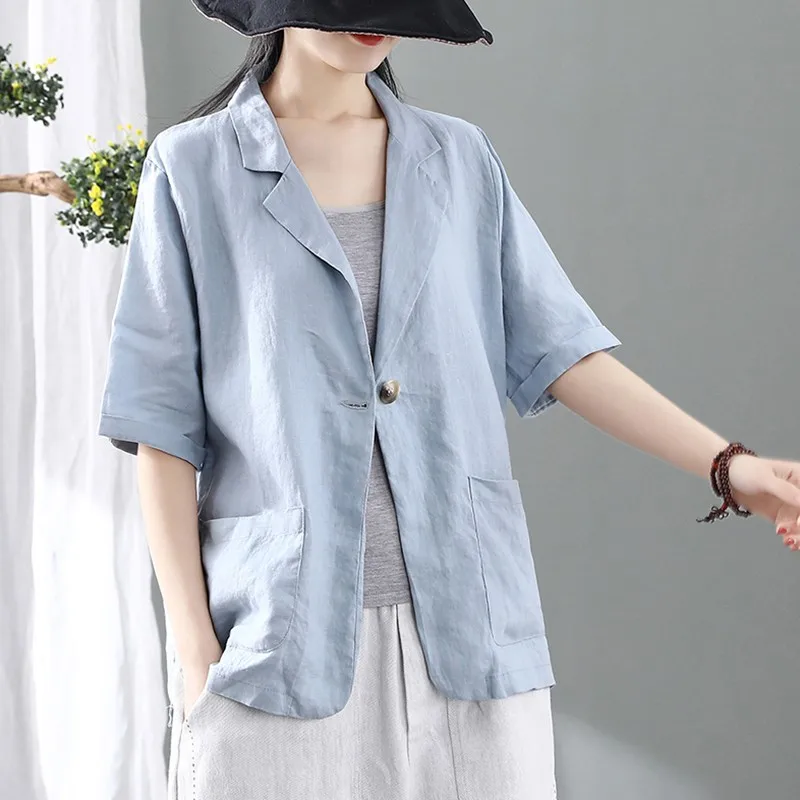 

Women Cotton Linen Casual Blazer Jackets New 2021 Summer Simple Style Vintage Solid Color Thin Ladies Elegant Coats S4062