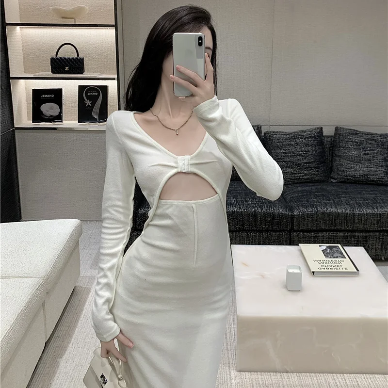 

White Hollow Out V-Neck Aesthetic Bodycon Dress Vestido De Mujer Dresses for Women Party French Elegant Temperament Clothing