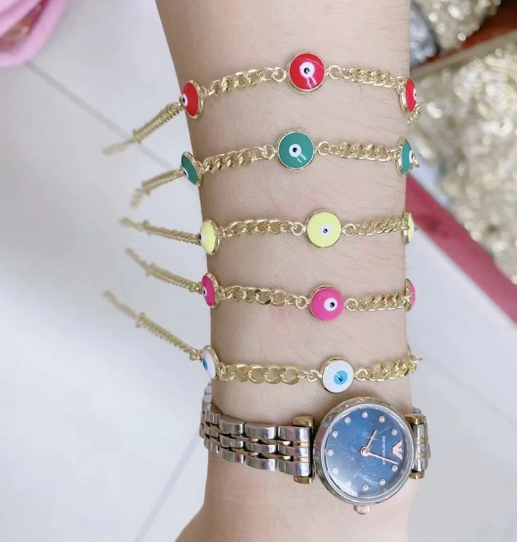 

10Pcs,Bohemian Fashion style eye colorful beads gold chain link bracelet pulseras for lady