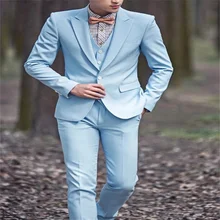 2021 New Style Peak Lapel Single Buckle Sky Bule Fashion Design Men's Western Fit 4-Piece Suit (Jacket + Pants + Vest + Bow Tie) (2)