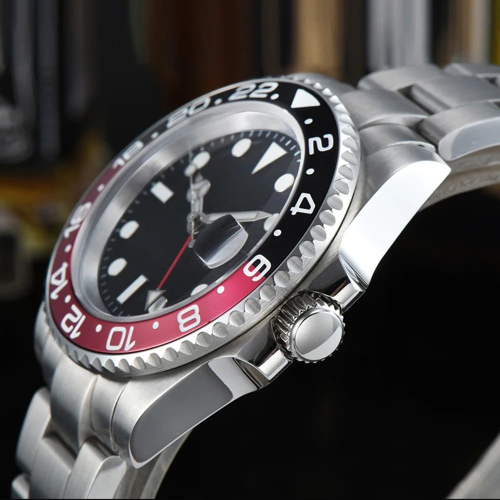 Мужские часы GMT 40 мм стальной ремешок вращающийся Безель автоматический черный