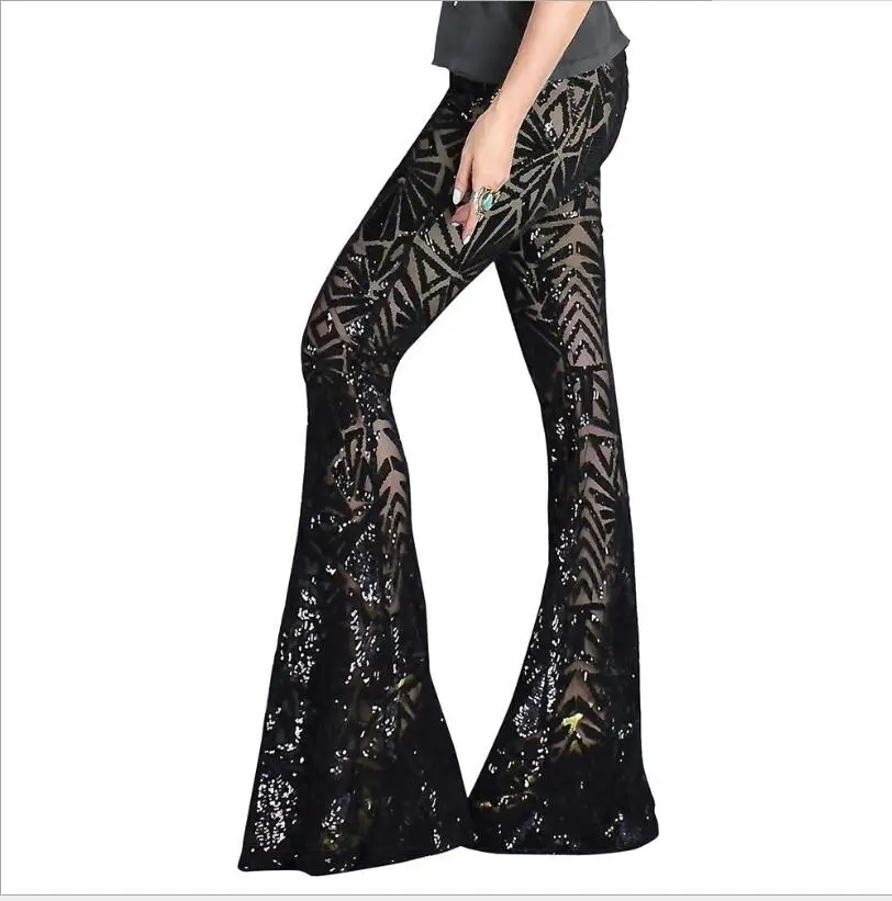 Женские брюки с блестками широкие расклешенные высокой талией вечерние