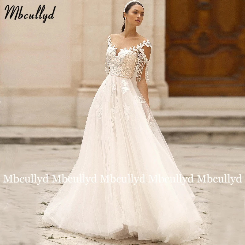 

Mbcullyd иллюзионный вырез Кружевная аппликация свадебное платье длиной до пола ТРАПЕЦИЕВИДНОЕ Тюлевое свадебное платье принцессы robe de mariee 2020