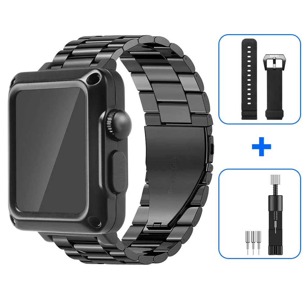 

For Apple watch 6 SE 5 4 40mm 44mm 3 2 1 42MM 38MM Full Metal Protective Bumper Case with Tempered Glass Protective Cover Straps
