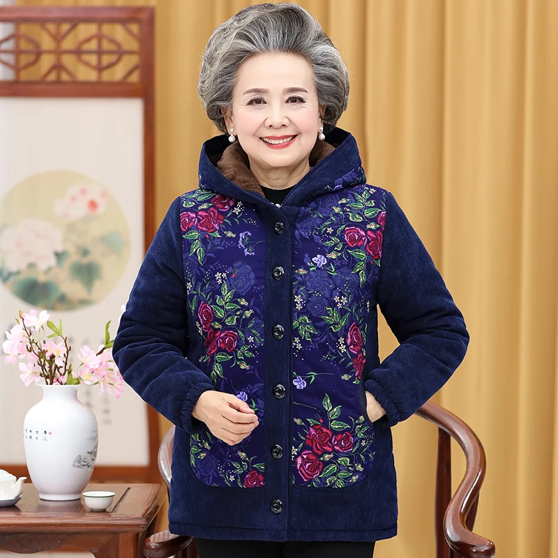Кашемировое хлопковое пальто для пожилых женщин зимняя куртка с капюшоном