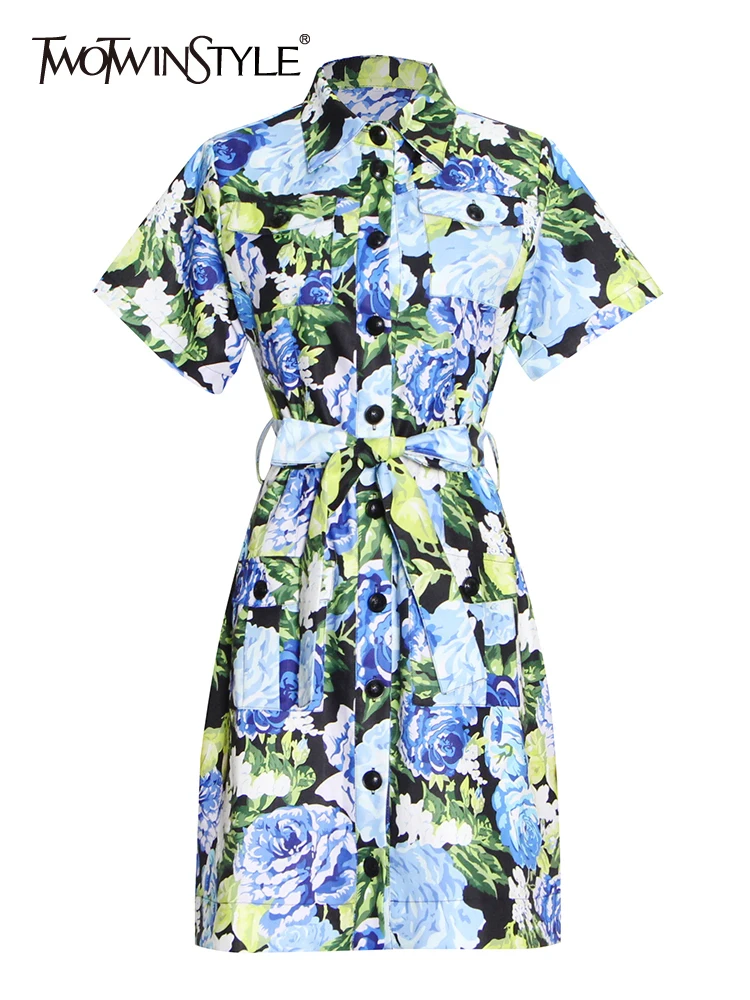 

TWOTWINSTYLE Floral Print Dresses For Female Lapel Collar Short Sleeve High Waist Slimming Colorblock Women's Dress New 2021