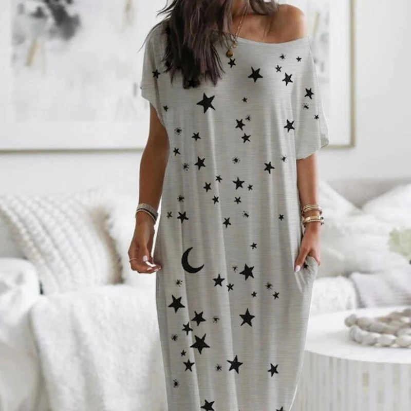 

Off Shoulder Star Printed Women Night Dress O-Neck Short Sleeve Loose Pocket Female Long Nightgown 2021 Summer Ladies Homewear