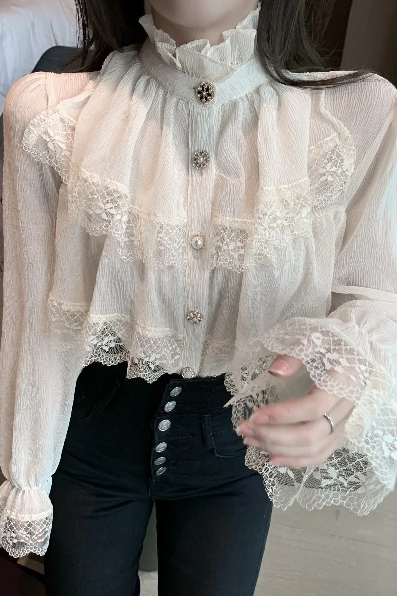 

Bottom Coat Fashion Spring Ear Stand Collar Chiffon Shirt Women's Ruffle Long Sleeve Loose Trumpet Sleeve Shirt