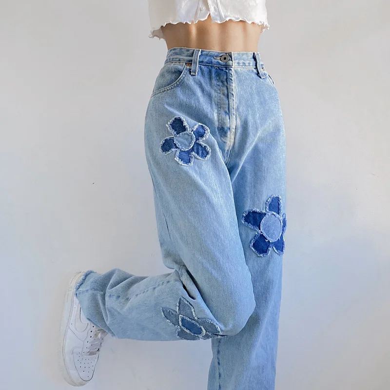 

Blue Flower Patchwork Y2k Baggy Straight Leg Jeans Woman High Waist Vintage Streetwear Pants Denim Trousers Wide Leg Jeans Femme