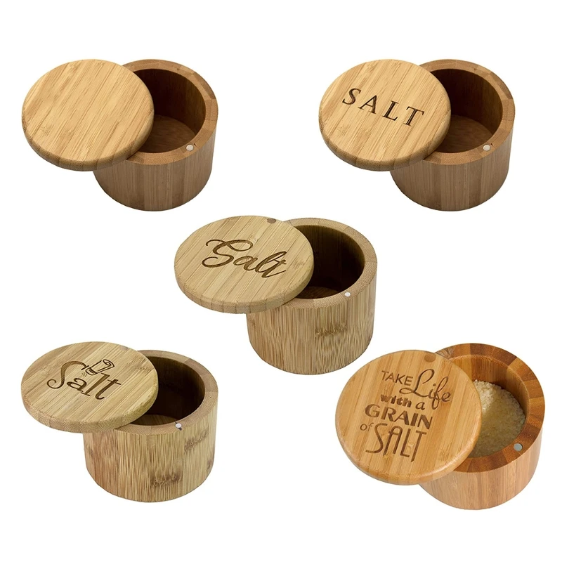 

Round Bamboo Seasoning Box with Swivel Lid Natural Non-toxic Rotating Cover Salt Shaker Environmentally Friendly Salt Jar