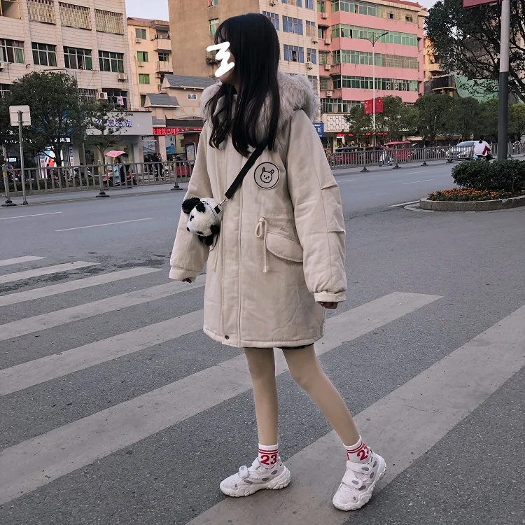 

Women Winter Warm Faux Fur Collar Cotton Padded Down Parka Hooded Jacket Coat Student Girls Slim Outwear Overalls Clothes