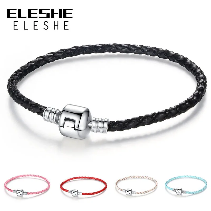 ELESHE Autnentic уникальный серебряный браслет с застежкой из натуральной кожи Подходит для женщин и мужчин браслет с шармом ожерелье DIY ювелирные изделия