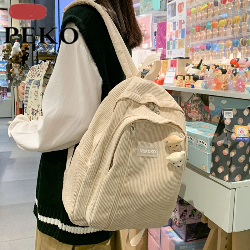 

Stripe Cute Corduroy Woman Backpack Schoolbag For Teenage Girls Boys Luxury Harajuku Female Fashion Bag Student Lady Book Pack