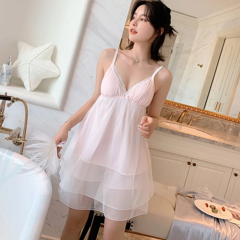 

Super Fairy Vintage Nightgowns Sexy Nightdress Backless V-neck Night Shirts Summer Mesh Lingerie Sleepwear with Panties Nighties