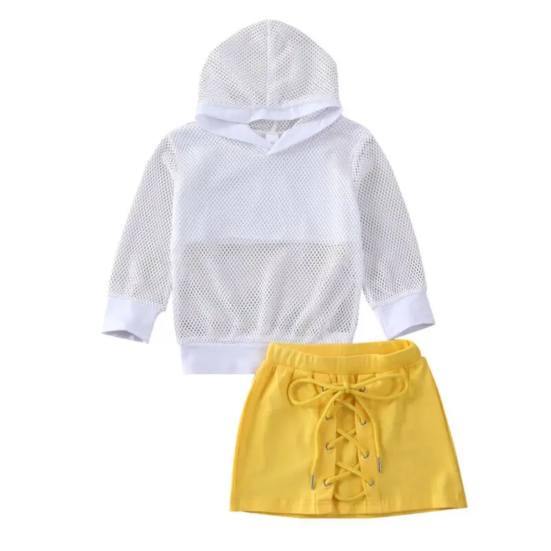 

Toddler 1-6Y Baby Girl Kid Clothes Sets Long-Sleeve Hooded Mesh Tops Mini Skirt Outfits Clothes 2PCS