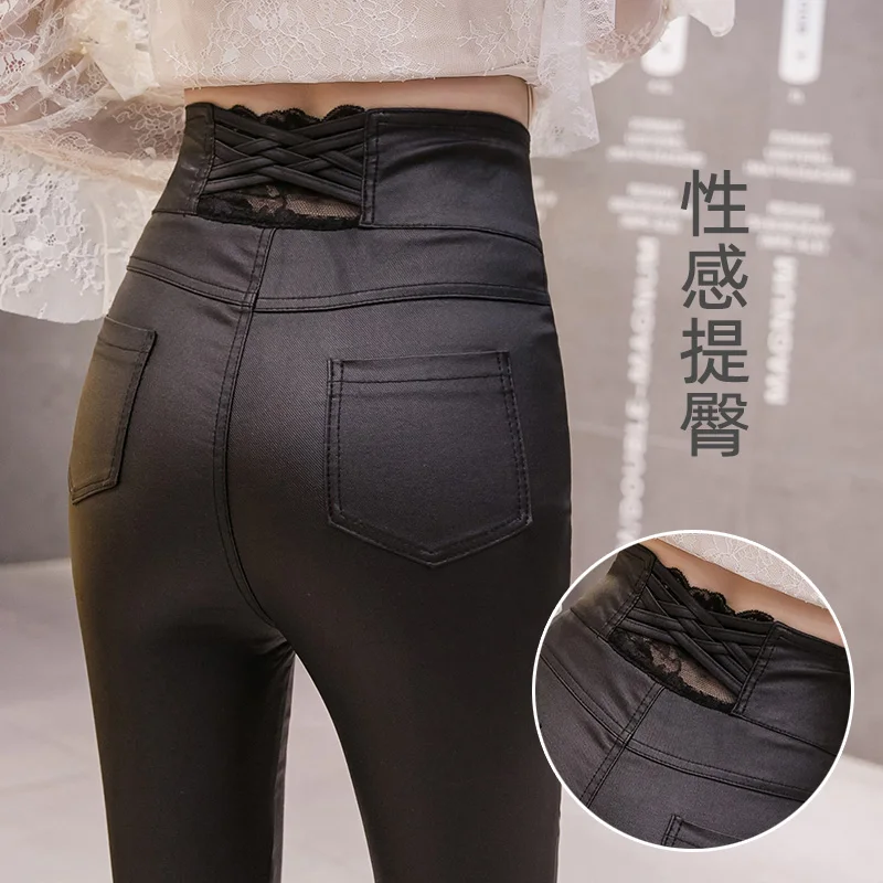 

2021 Spring and Autumn New Pu Matte Leather Pants Women's High Waist Outer Wear Slimming Stretch Feet Velvet Skinny Pants Matte