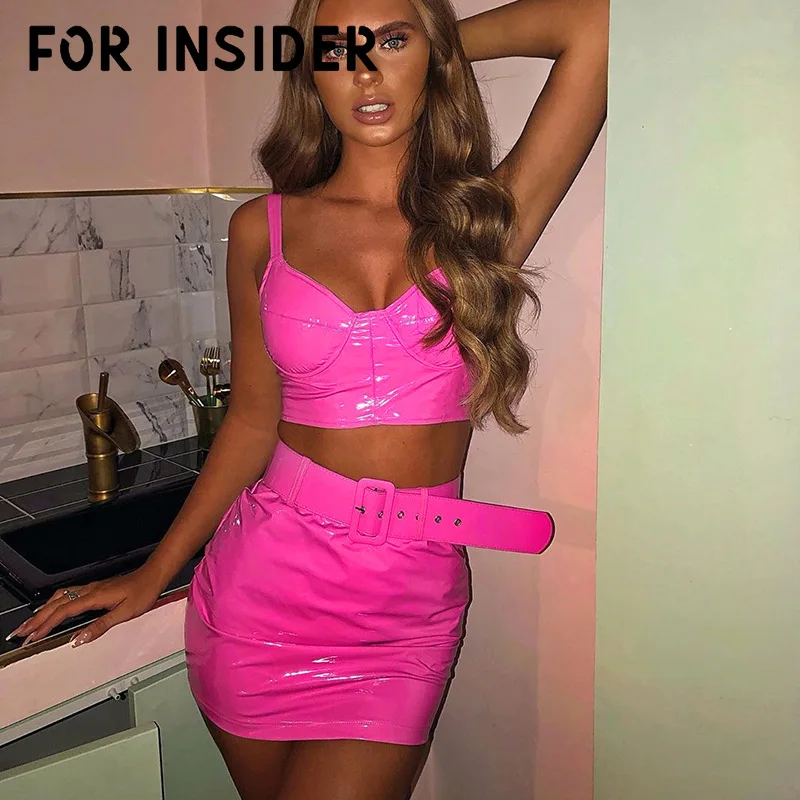 Облегающее мини платье из искусственной кожи розового цвета для женщин комплект
